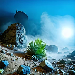 A striking quality Kodak photograph captures a wasteland with monsters and group of plants, creepy, details of the dust very accentuated, glossy organic mass, adorned with minerals and rocks. Bathed in intense light, eerie, Max Ernst style, blue sun, fog