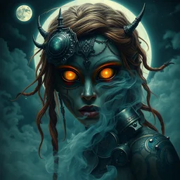 ultra highly detailed, cinematic, 32k, , luminism, detailed oil painting by Dorian Vallejo, Damian Lechoszest, Todd Lockwood, cgsociety, storybook illustration, nightmare ghostly tribal ginger girl made of smoke , big detailed glowing eyes, scary face, metal and glass parts, tattooed, filigree detailed, intricately ornate, , highly detailed skin luminous unusual delicate fog, , color drops, extremely big moon, moonlight, stars, night. detailed sky with clouds, highly detailed, intricated, intric