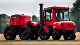 side of a tractor(red) with black wheels and closed cab