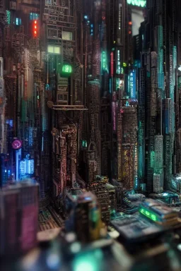 Macro photography, miniature cyberpunk metropolis, ultra realistic, highly detailed, 16k