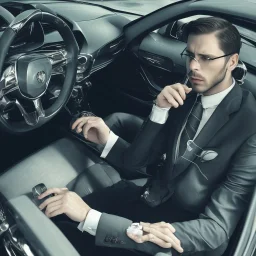 Man in suit, sitting at the wheel of his car, looking exhausted, tie untied, chin thinning