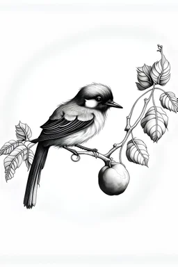 Pen drawing of small fluffy bird perched on a branch with round berries, minimalistic, realistic details, black and white, negative space,