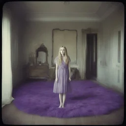 Dakota fanning, hippie girl,purple fur, in a liminal empty room, old autochrome