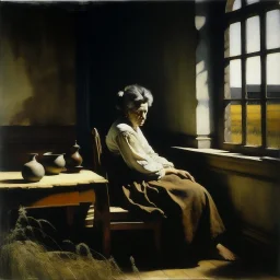 oil painting, woman seating down, dark, Andrew Newell Wyeth