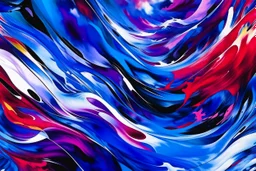 This image is a digital abstract watercolor painting featuring vibrant, fluid brushstrokes in shades of blue, purple, red, and black. The composition is dynamic, with swirling, jagged shapes forming a sense of movement and energy. The background is stark white, enhancing the vivid colors and contrasts. The texture is smooth, with some areas more densely painted than others, creating depth and dimension. The painting evokes a sense of spontaneity and freedom, reminiscent of expressionist art
