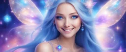 in the middle of the image there is a beautiful bright fairy cosmic women with cosmic long straight hair, crystal jewel and dressed with a magic crystal suit. she has light make up and a sweety smile. she has a magic bright ray over the head