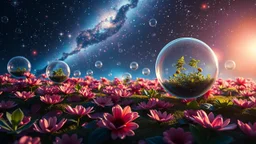 A luscious garden floating in space, where flower petals glow with the colours of distant galaxies. Many giant transparent bubbles hover above, containing miniature gardens thriving in weightlessness. Beautiful award-winning photograph, 80mm focal length, rule of thirds.. Award-winning photograph, 80mm focal length, chiaroscuro