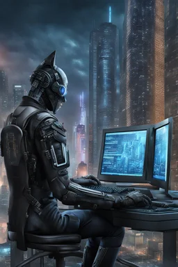 cyberpunk programmer black_Cat-human hybrid_Typing_on_computer_background binary codes, surrounded_by_mindent_3D_binary matrix codes and neutron mesh_etheral, Paranoid_sci-fi_in background_a_tall_cyberpunk_city, the cat hacker watchings monitor, Hyperrealistic texture, high detail, Sinister, cold dynamic lighting, dark-neon colors, Ultra_HD_intense_focus