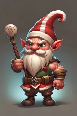 tiny gnome barbarian that has big muscles, holding a candy cane