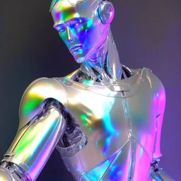 a male robot wearing a iridescent cloth