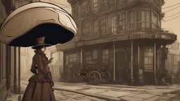 woman standing in a street with a parasol shaped like a mushroom with tentacles, in a steampunk setting