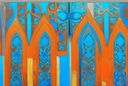 semi-abstract painting, triptych with 3 gothic_arab gates in blue, turquoise and orange