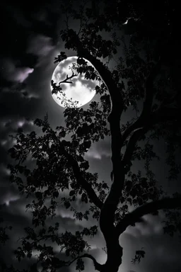 Night, tree leaves, moon, clouds, creepy gothic movies influence, photography