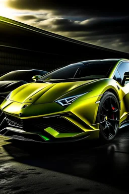 A sleek (((Lamborghini))) with its iconic profile and cutting-edge design juxtaposed against a powerful (((Dodge Charger))), featuring a bold grille and muscular contours