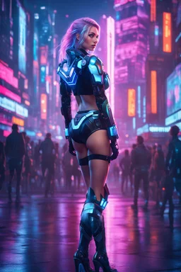 Full body portrait realistic cyber Russian girl half dressed appealing, nightlife costume, she is looking at her holographic watch, futuristic uplifting mood and motivation theme, science fiction, spectacular landscape spring season in cyberpunk city, incredibly beautiful in the cyber-city street, stunning intricate meticulously detailed dramatic digital illustration volumetric lighting, 200 megapixels 8K resolution, back-lit soft lights, photo-realistic arts, realistic photography, neon colo