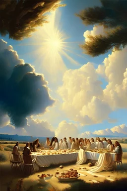 A vast meadow plain, in the horizon a great shining light covered the sky. Judas and fir Trees around, a table full of food and fruit, jolly men's and women's all around table in shining white dress a golden bought awnings them.