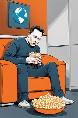 simple scene, Elon musk sitting on an orange couch eating popcorn, looking unamused at planet earth,. selective colours