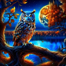 A beautiful owl on an oak by the lake, night serenity, fool moon, dramatic colors, Indian style Modifiers: highly detailed digital painting elegant beautiful dynamic lighting Magical realism perfect composition