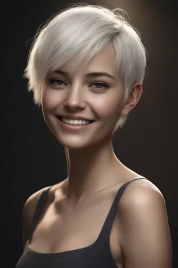 Chiaroscuro lighting, deep shadows, rich deep colors, full body portraits, 8K Ultra-HD, Hyper Realistic, Photorealistic, Realistic, focused, Clear, Extremely Detailed, beautiful, Cinematic, proportionate, full color, an image of a smiling young woman with short, pixie-cut bleached white hair, tapered on the sides, wearing a pair of blue round lensed glasses, big, gold hoop earrings, and a pink and blue button t-shirt, big happy smile, a foggy, cloudy blue background