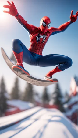 spider man jumping doing winter freestyle ski jump half pipe trick, bokeh like f/0.8, tilt-shift lens 8k, high detail, smooth render, down-light, unreal engine, prize winning