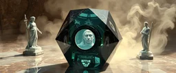 guardian of xtal artifact, oracle smoke, perfect geometry, niad, greek gods and heroes, the chariot, the fool and the tower tarot card disaster rendered in magnificient 4d glossy marble stones reflective and wet, like mirrors, winding stairs, watchers, statues of perfect transparent dented glass octahedron dice spaceship with oval interference door