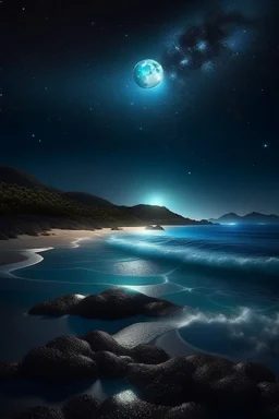 magic sea, realistic, professional photo, 4k, top view, , surf night, full moon, stars in the sky, Milky Way