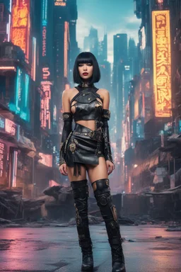 full-body-art of a woman with a bob with a fringe hairstyle, Cleopatra clothing, black knee-high boots, cyberpunk city background