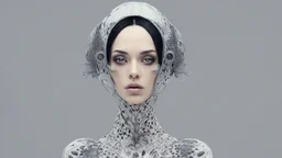 pale alien woman wearing exotic clothing. Black hair bob