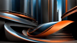 (hustle and bustle:55), (loop kick:20), (deconstruct:28), retro futurism style, urban canyon, smooth curves, swirl dynamics, great verticals, great parallels, amazing reflections, excellent translucency, hard edge, colors of metallic orange and metallic steel blue