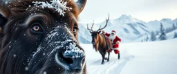 creature with eyes of hound bison reindeer yoga man with the snow flake pattern in the pupils in running in the snow in the snowy mountain with santa