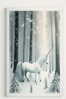 in a cosy vintage style, a unicorn in a white forest