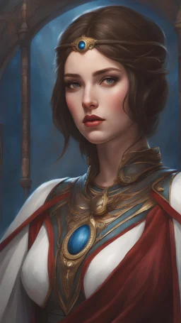 A weird sci-fi fantasy body masterwork portrait painting of young cute girl, with white skin, wide eyes, massive bossom and soft belly, by artist John William Waterhouse. trending in artstation a cape with flowing dark red and blue fabric, symmetrical, super detailed, watercolor, unreal engine, 8k —ar 9:16