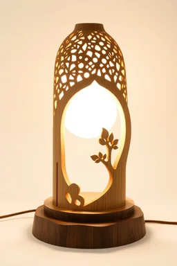 Create a product table lamp inspired by nyonya kebaya in wood material process laser cutting in white background no light