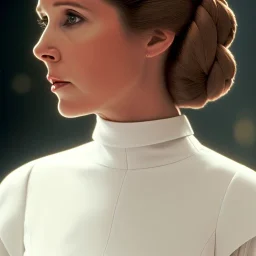 extremely detailed 8k hyperspace wallpaper,complete and photo realistic detailed head to waist stunning photo realistic portrait of carrie fisher as Princess Leia in star wars with photo realistic minimal and unpretentiously updo hair, brown eyes, professional majestic photo realistic painting by Ed Blinkey, Atey Ghailan, by Jeremy Mann, Greg Manchess, Antonio Moro, trending on ArtStation, Intricate, High Detail, Sharp focus, dramatic, by greg rutkowski, realism, beautiful and detailed lighting,