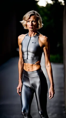 photography of a beautiful anorexic woman, grey satin triathlon top, sports illustrated, blond short wavy bob haircut, pronounced sternum, flat chest, anthracite cycling leggins