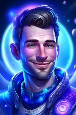 men of 30 years old, crystalline skin, galactic, cristal, ufo, very nice smile, commander, high rank, large cosmic forehead, human face, admiral, purple, blue, realistic