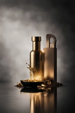 create a high quality minimal poster for mono product reveal photo with nice photography techniques from a simple Brass Manifold in , dark background, a dreamy blurred bokeh background with excellent warm lighting, on a luxury scenes in a studio splash clear water , on a pice of velvet