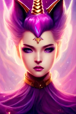 beautiful princess Unicorn in gold and purple pink soft lighting, symmetrical portrait, high quality, cinematic by WLOP and Rossdraws, concept art of the character. Epic composition, hyperrealism, award-winning artwork, realistic hair, artstation trend, high quality printing, fine art with subtle redshift rendering