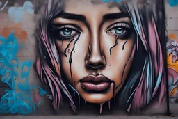 beautiful crying female face in graffiti on wall