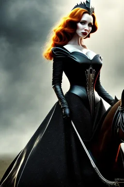 christina hendricks as evil queen in black leather gown on a horse, angry, stern look, volumetric lighting, particales,highly detailed,cinematic, deep colours,8