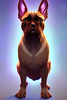 a detailed illustration of a french bulldog, phoenix bird wallpaper, luminescent body, full body, symmetrical body, realistic, glowing muscles, sharp focus, meticulously detailed, soft evening sky, 64k