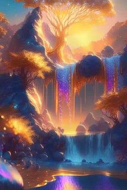 gold and blue crystal cosmic and galactic ambiance hill sky waterfall sunset trees pools river surreal, full of details, smooth, bright sunshine，soft light atmosphere, light effect，vaporwave colorful, concept art, smooth, extremely sharp detail, finely tuned detail, ultra high definition, 8 k, unreal engine 5, ultra sharp focus