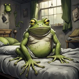 big fat large sad, yellow-green frog wearing a t-shirt, standing in an old, dilapidated room next to a bed. In the bed lies a pale gray, ancient and wrinkled lizard-medusa-frog mutant creature with two long tentacle arms, a large head, and big half-open black eyes with eyelashes. The blanket partially covers the creature. The frog gazes at the lizard creature, while the background is blurred, adding to the eerie atmosphere. The detailed, realistic rendering