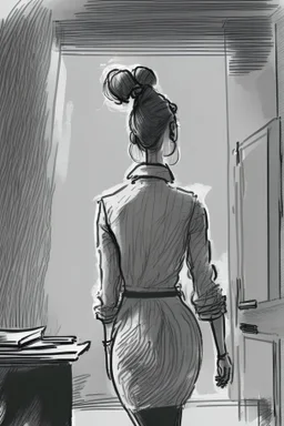 woman with a bun walking away out of someone's office with big windows sketch style