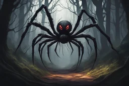 :Generate an image of Spindle spider navigating through a dark forest, with ominous shadows and tangled branches blocking his path. Show Spindle's determination as he presses forward despite the obstacles. Convey a sense of adventure and perseverance in the scene