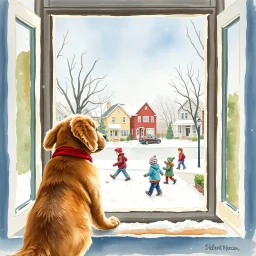 deconstructed impasto watercolor painting of a puppy looking out a bay window at kids having a snowball fight in a suburban street, by Norman Rockwell aesthetic, dreamily nostalgic, long brush strokes, warm