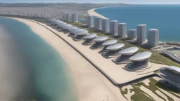 Long, Sweeping Sandy Bay With Huge Futuristic Buildings Along The Shoreline, Futuristic Piers Stretching Out Into The Sea, with Buildings At The Ends