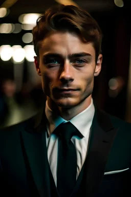 hombre alto buen moso ojos verdes cabello corto vestido de traje de color negro en una noche de gala