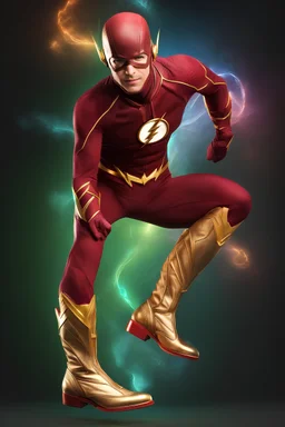 Grant Gustin as The Flash with gold boots - 3D bubbles, 3D hearts, multicolored lightning, aurora borealis, UFOs, Devil's Tower, fireflies, professional quality digital photograph, happy time