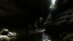 dark rock cave, looking upward as the cave continues upward. A stream runs down the the left side, lined by a small dam, in the style of jordan grimmer